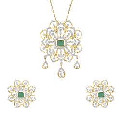 Enticing Flower Yellow Gold Diamond Pendant Set