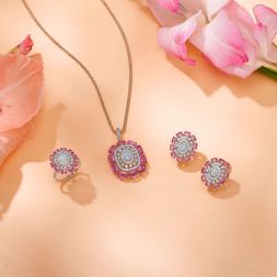 Illuminating Pink Stone And Diamond Pendant Set