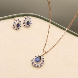 Stylish Blue Stone and Diamond Drop Pendant Set