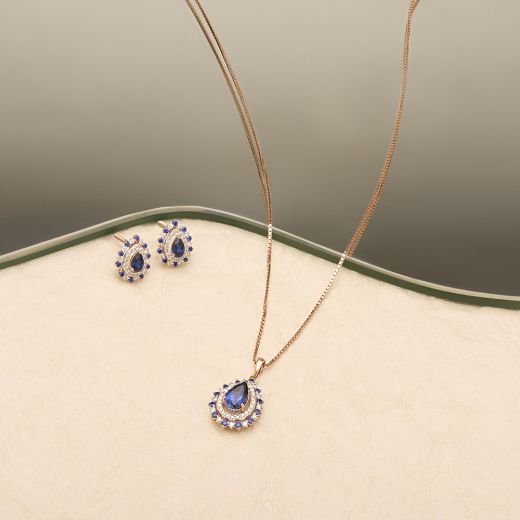 Stylish Blue Stone and Diamond Drop Pendant Set