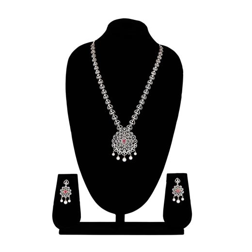 Accentuating Floral Motif Diamond and Red Gemstone Haram Necklace Set