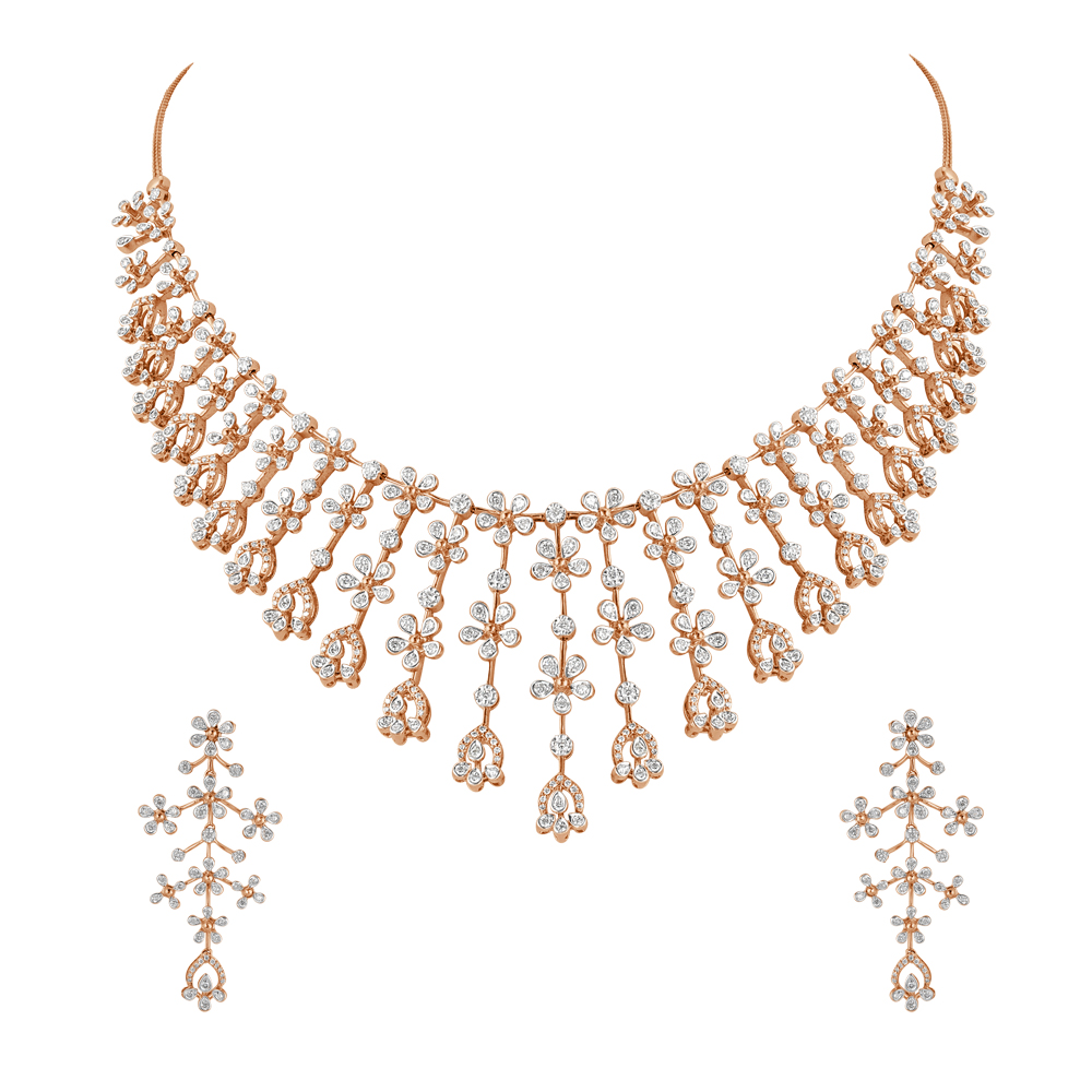 Buy Sleek 14KT Rose Gold Diamond Necklace Set Online | ORRA