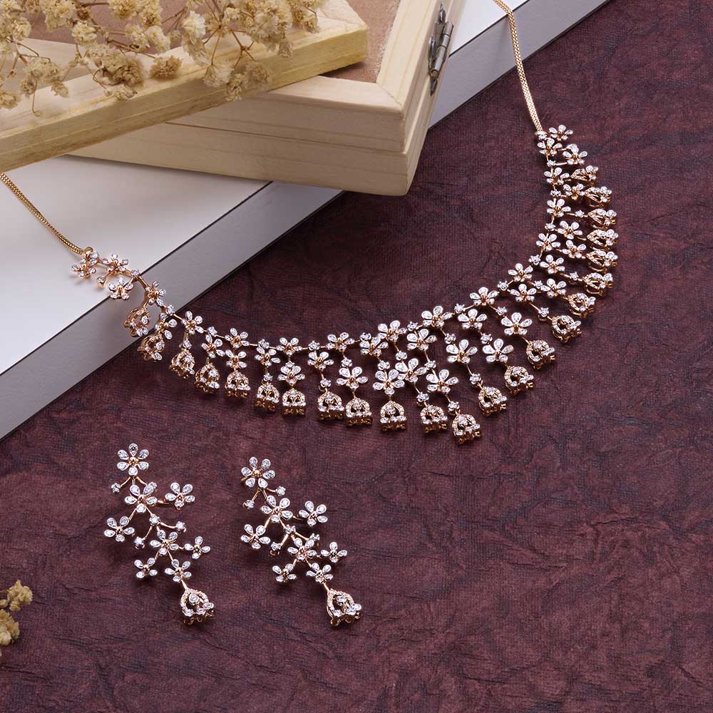 Buy Sleek 14KT Rose Gold Diamond Necklace Set ONS22175 D400X1C Online at ORRA